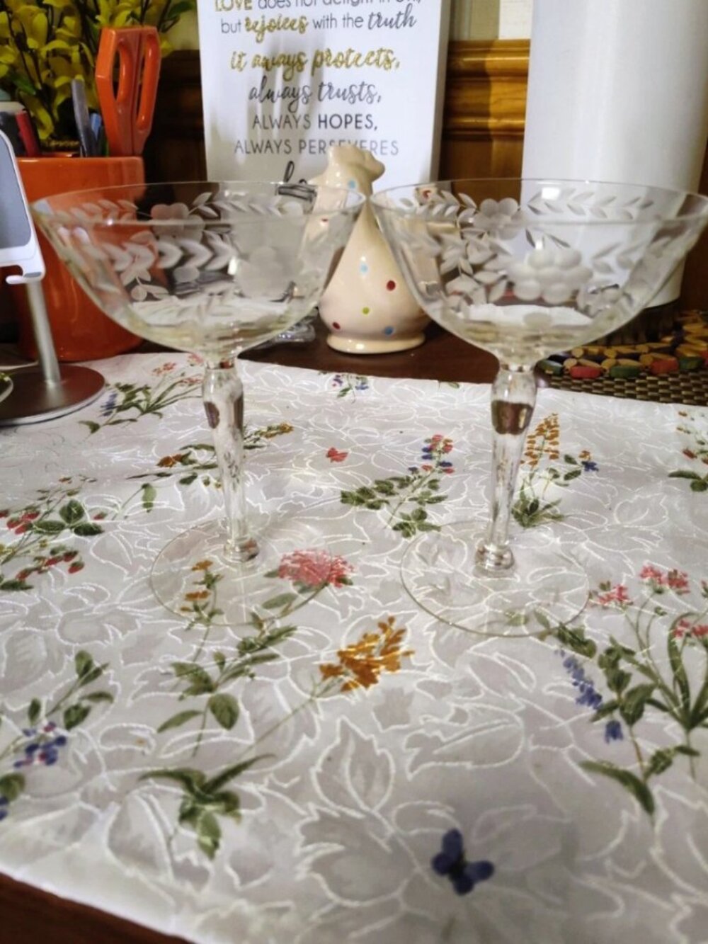 Lot of 2 Vintage Glass Champagne Couples Etched Floral & Vine Motiff